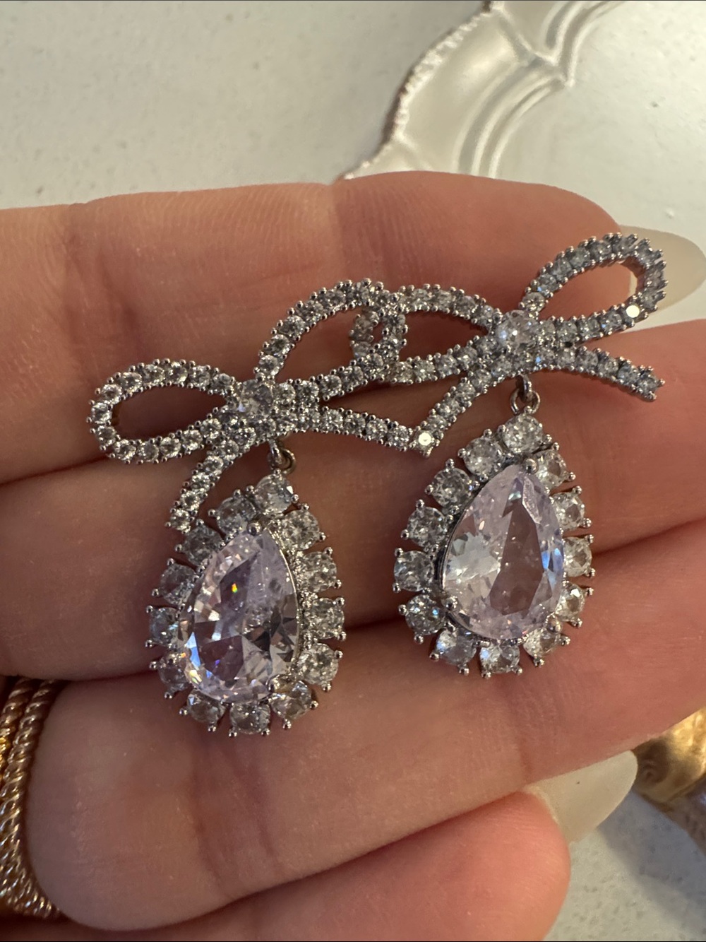 Bow-Top Teardrop Drop Earrings in Clear Crystal